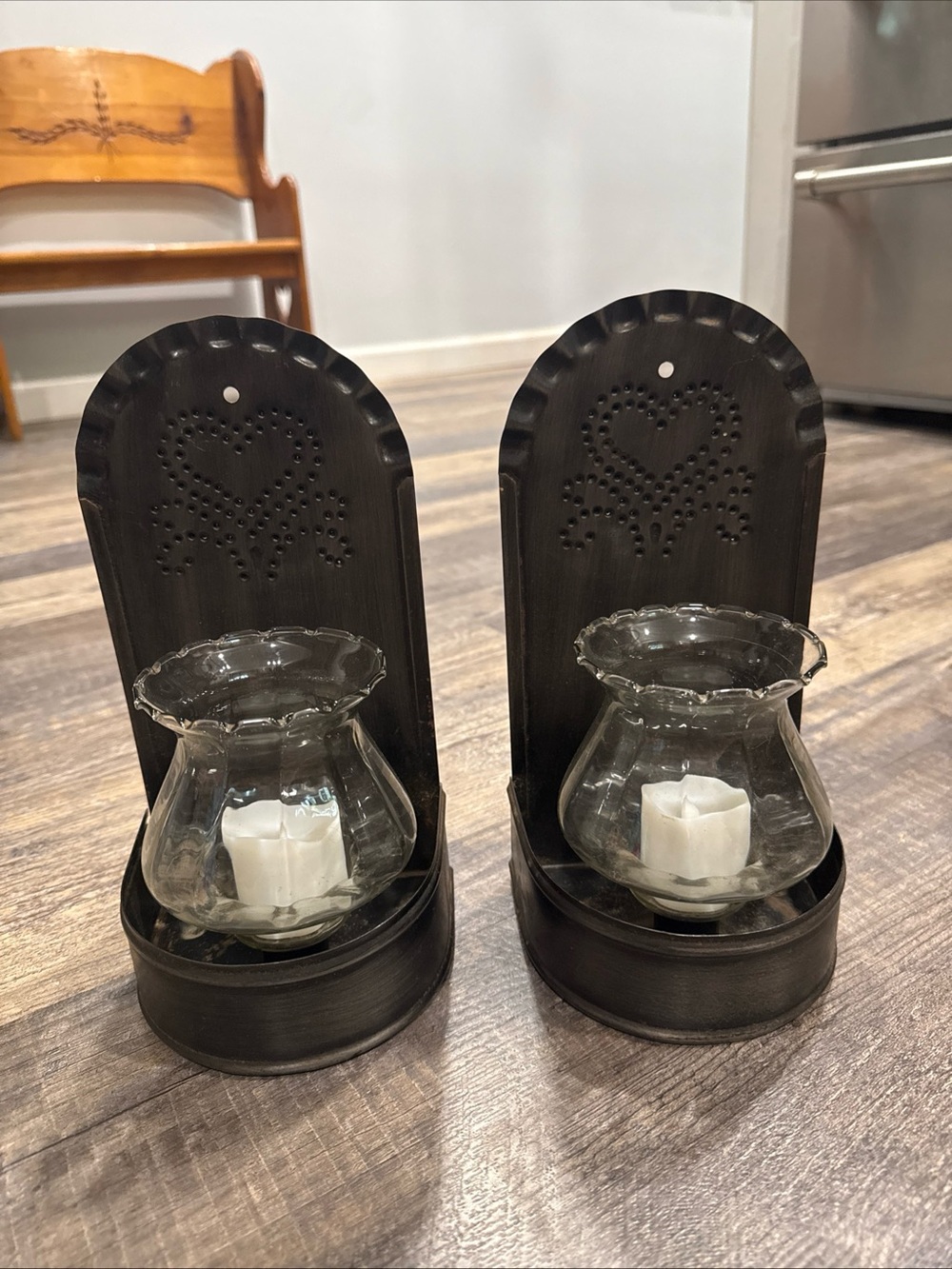Rustic Black Punch Hole Metal Wall Sconces with Glass Votive Holders - Set of 2